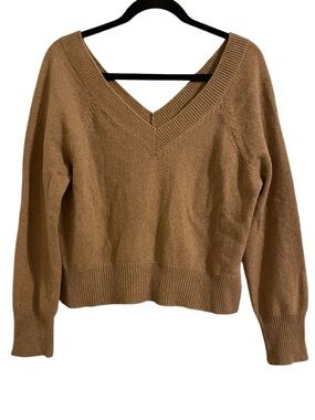 CUYANA Double V-Neck Pullover Sweater in Camel Brown Cashmere Wool Size Medium